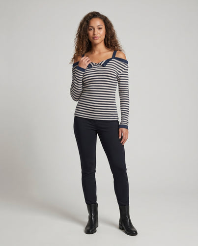 Damen nan maritimes Off-Shoulder-Langarmshirt mit Henley-Knopfleiste und Spaghettiträgern