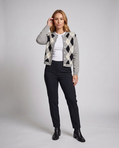 Damen nan modischer Kurzcardigan im Argyle-Muster mit kastiger Silhouette und Perlmuttknopfleiste