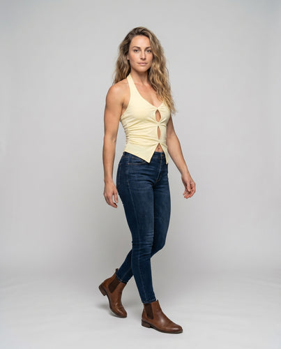 Damen nan Neckholder-Top mit Spitzen-Einsatz, Schlüsselloch-Aussparungen und geraffter Taillenpartie