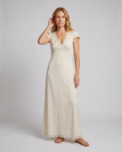 Damen nan romantisches Vintage-Maxikleid mit V-Ausschnitt, kurzen Ärmeln, Empire-Naht und Spitzenbesatz