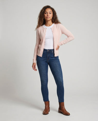 Damen nan schlanker Feinstrick-Cardigan mit kleinem Reverskragen, durchgehender Knopfleiste und Rippabschluss