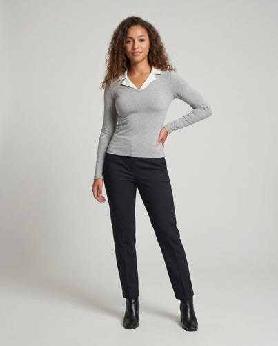 Damen nan schmal geschnittenes Langarmshirt mit doppeltem Reverskragen und taillierter Passform