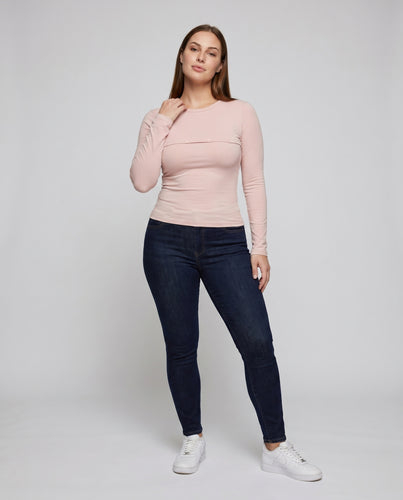 Damen nan schmal geschnittenes Longsleeve mit dekorativer Brustblende und Zierknopfleiste