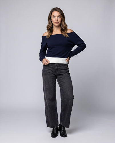 Damen nan schulterfreier übergroßer Strickpullover mit breitem Rippenbund