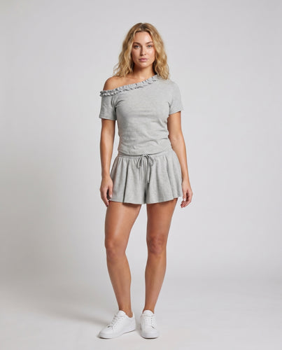Damen nan schulterfreies Freizeit-Set aus weichem Jersey mit Rüschensaum, elastischem Taillenrock und integrierter Innenhose