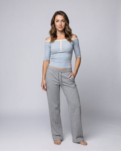 Damen nan schulterfreies Henley-Feinstrickshirt mit Knopfleiste, taillierter Passform und Dreiviertelärmeln