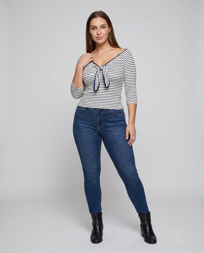 Damen nan schulterfreies Ringelshirt mit vorderer Bindeschleife, Dreiviertelärmeln und Spitzenkante