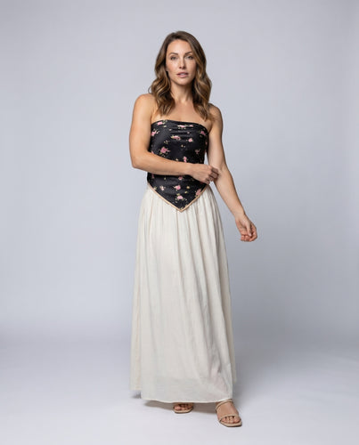 Damen nan schulterfreies Tuchtop im Satin-Look mit floralem Alloverdruck, spitzem Zipfelsaum und Seitenschnürung