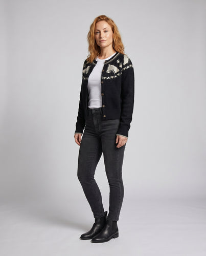 Damen nan taillierte Intarsien-Strickjacke mit Rundhals und dekorativer Knopfleiste