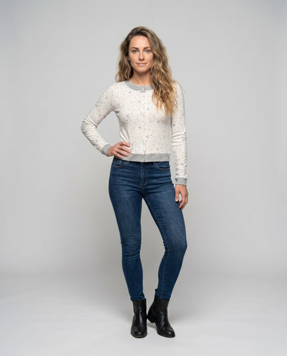 Damen nan taillierte Knopfstrickjacke mit zartem Mikroblumenprint und Kontrastbündchen