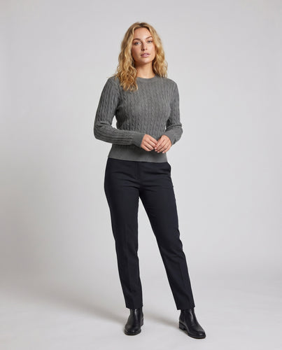 Damen nan taillierter Zopfmuster-Feinstrickpullover mit Rundhalsausschnitt und elastischem Rippenbund