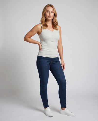Damen nan tailliertes Ripp-Top mit Henley-Knopfleiste, V-Ausschnitt und formenden Seitennähten