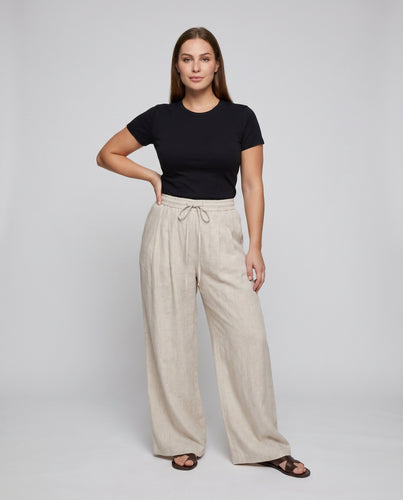 Damen nan weite Leinen-Loungehose mit hohem Bund, Tunnelzug und Eingrifftaschen
