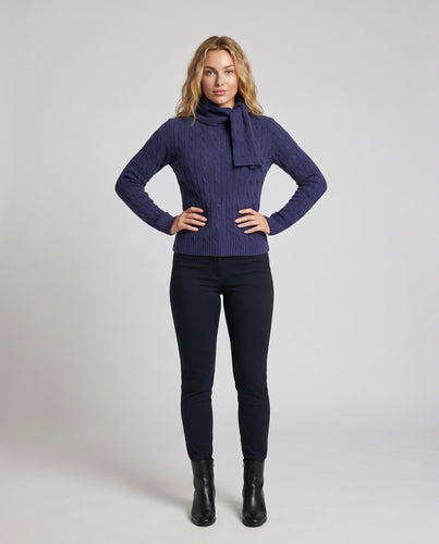 Damen nan Zopfstrick-Pullover mit integriertem Schlauchschal und tailliertem Rippbund