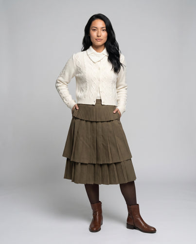 Damen nan zweiteiliges Strickset mit Zopfmuster-Cardigan, Schalkragen-Einsatz und Feinstricktop