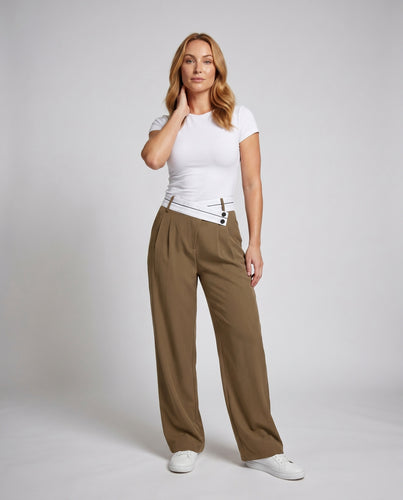 Damen elegante Tailored Chino-Hose mit asymmetrischem Bund und Knopfdetails