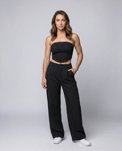 Damen Hochwertiges Streifen-Set bestehend aus Crop-Top und weit geschnittenen Hosen