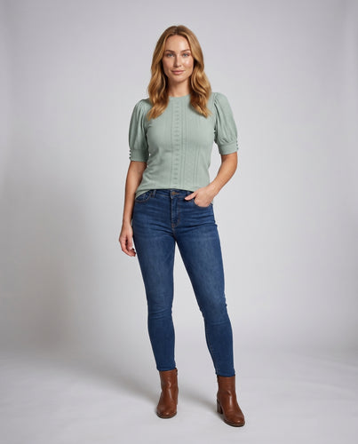 Damen Elegant strukturiertes T-Shirt mit Puffärmeln