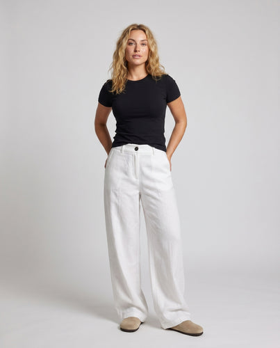 Damen weit geschnittene Leinenhose mit hohem Taillenbund und klassischen Bündchen