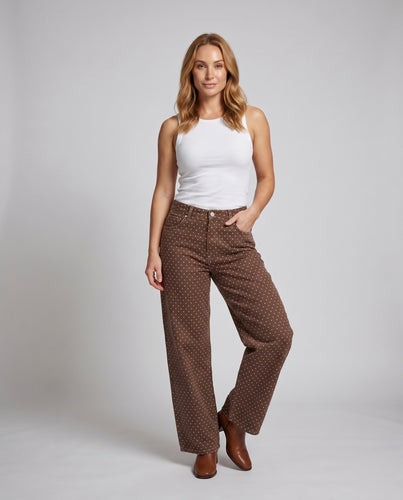 Damen weite Baumwollhose mit Punktmuster und hohem Bund