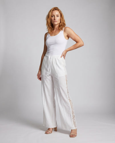 Damen weite, hochtaillierte Leinenhose mit elastischem Bund und Kordelzug