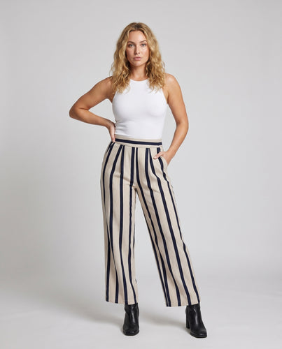 Damen Leinen Palazzo-Hose mit vertikalem Streifenmuster und elastischem Bund