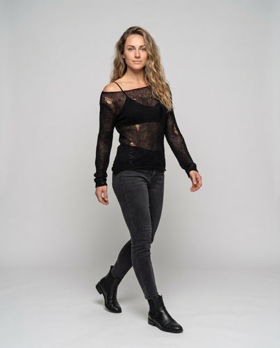 Damen Netzpullover mit offener Schulter