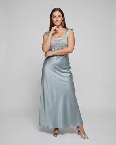 Damen Abendkleid mit schimmerndem Oberteil und fließendem Rock