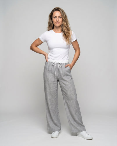 Damen bequeme Leinenhose mit elastischem Bund und praktischen Taschen