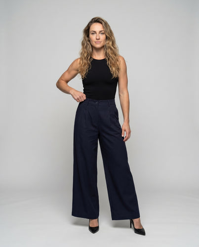 Damen elegante Leinenhose mit hohem Bund und Falten