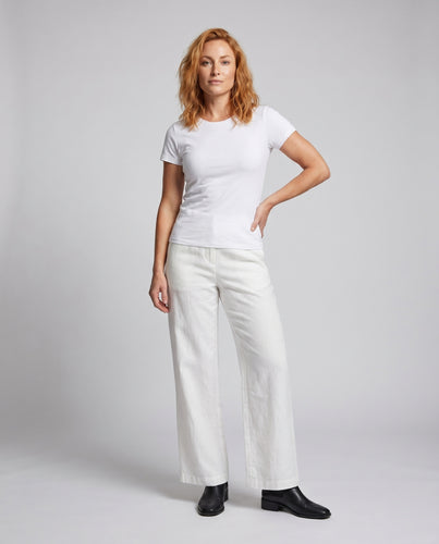 Damen elegante, weite Leinenhose mit seitlichen Taschen und hohem Bund