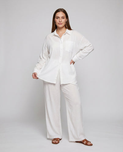 Damen elegantes, luftiges Zweiteiler-Set mit klassischem Hemd und weitem Hosenbein