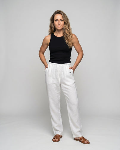 Damen entspannte Leinenhose mit elastischem Bund und Kordelzug