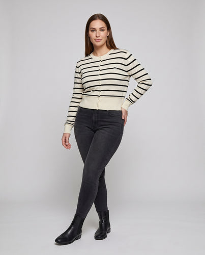 Damen gestreifter Strickcardigan mit Knopfdetails und elastischem Saum
