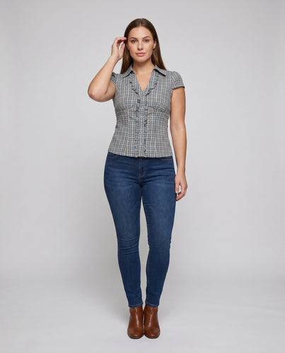 Damen klassische Karohemdbluse mit Rüschendetails