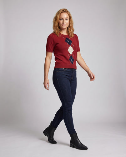 Damen Kurzarmpullover mit stilvollem Rautenmuster