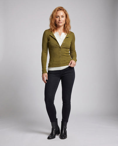 Damen Langarmshirt mit Knopfleiste und kontrastierendem Kragen