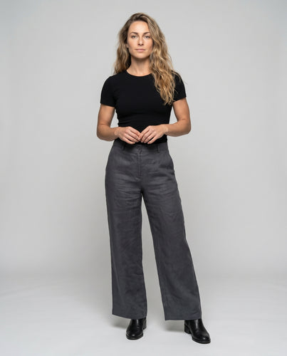 Damen Lässig geschnittene Leinenhose mit hohem Bund und eleganter Knopfdetail