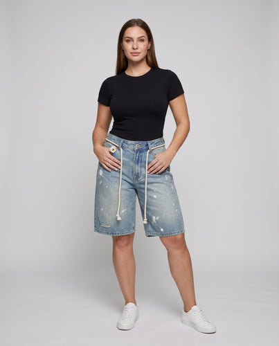 Damen lässige Denim-Shorts mit Kordelzug und frischem Wasch-Effekt