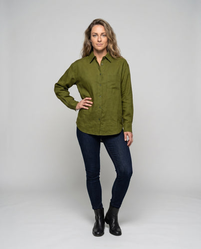 Damen lässige Leinenbluse mit modischem Schnitt und praktischer Tasche