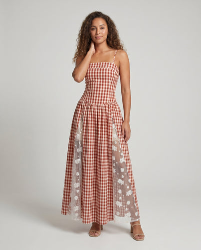 Damen Maxikleid mit kariertem Oberteil und transparentem Rüschensaum