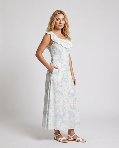 Damen Maxikleid mit Rüschensaum und zartem Wasserfarbmuster