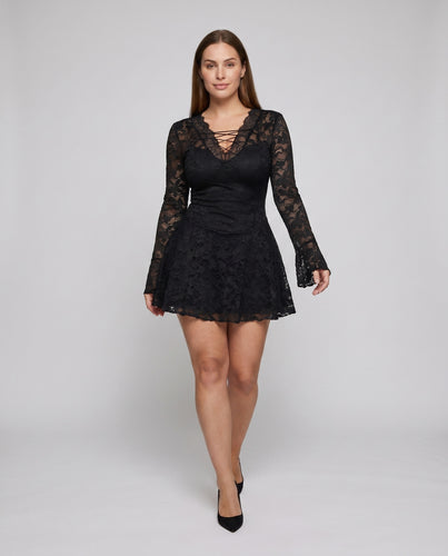 Damen Spitzenkleid mit voluminösen Ärmeln und raffiniertem V-Ausschnitt