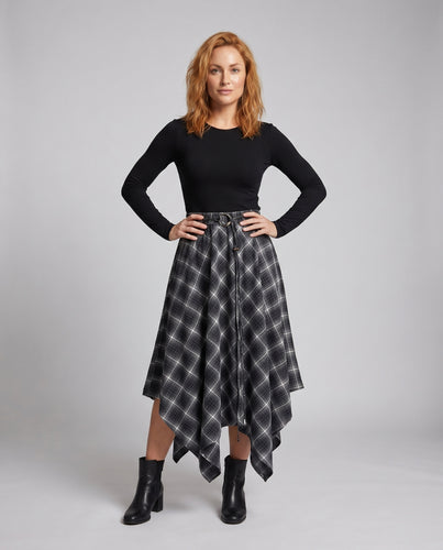Damen asymmetrischer Tartan-Rock mit weitem Schnitt und elastischem Bund