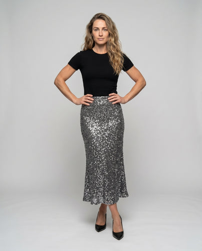 Damen Langer Glitzer-Rock mit elastischem Taillenbund und schimmernden Akzenten