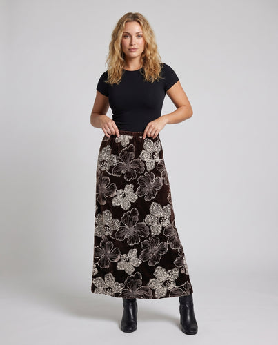 Damen Langer Rock mit floralen Stickereien und elastischem Bund