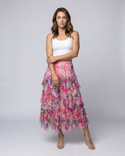 Damen Langer, voluminöser Rock mit floralem Rüschendesign