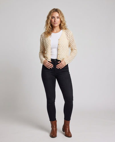 Damen luftige Strickjacke mit V-Ausschnitt und zartem Kirschmuster