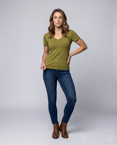 Damen T-Shirt mit V-Ausschnitt aus hochwertigem Baumwollmix