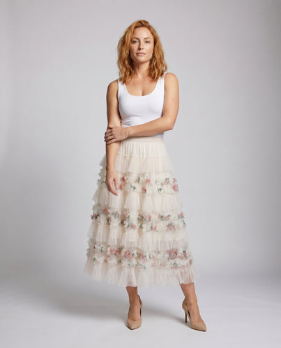 Damen Voluminöser Tüllrock mit mehrlagigem Design und floralen Akzenten